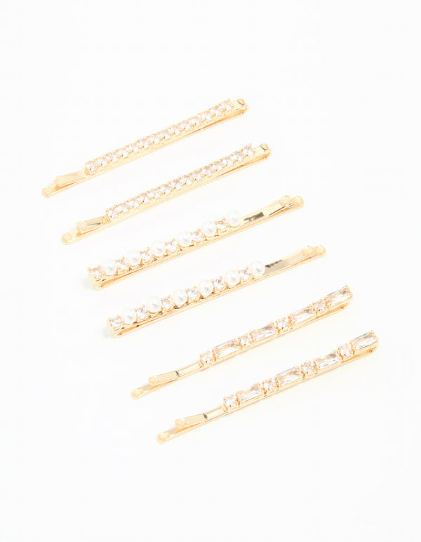 Featuring gold cubic zirconia and pearl hair clips in a 6-pack front view