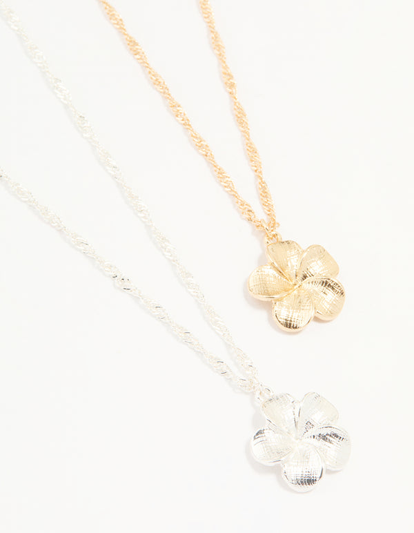 Mixed Metal Frangipani Pendant Necklaces 2-Pack