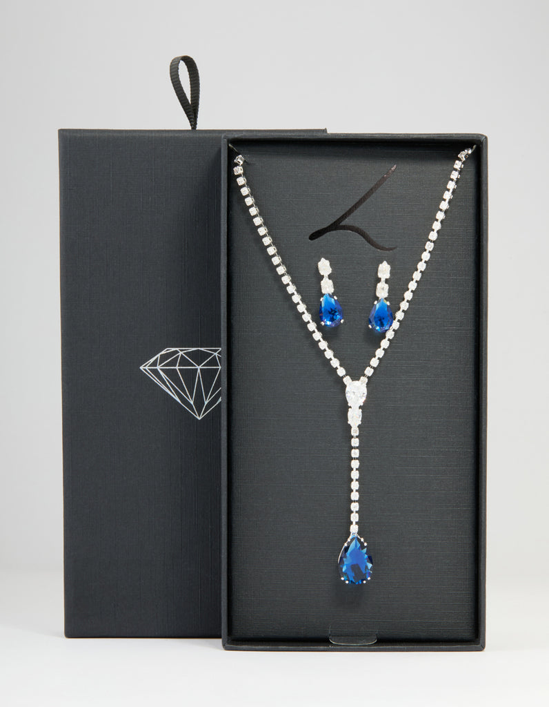 Silver Blue Cubic Zirconia Pear Y-Necklace Earrings Set Lovisa