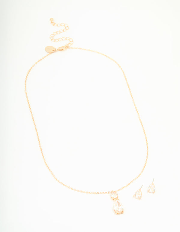 Gold Cubic Zirconia Classic Teardrop Earrings & Necklace Set