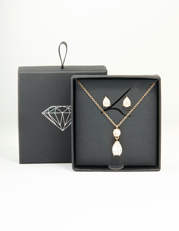 Gold Cubic Zirconia Classic Teardrop Earrings & Necklace Set