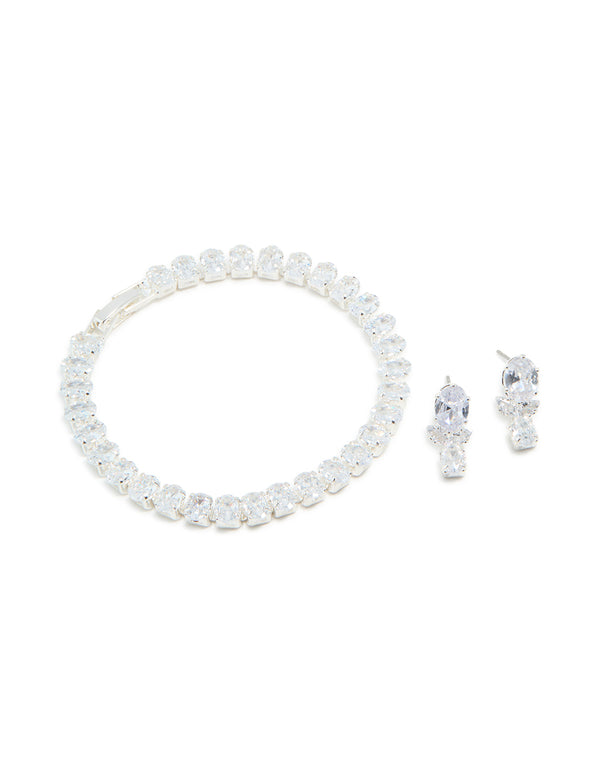 Silver Cubic Zirconia Tennis Bracelet & Teardrop Earrings Set
