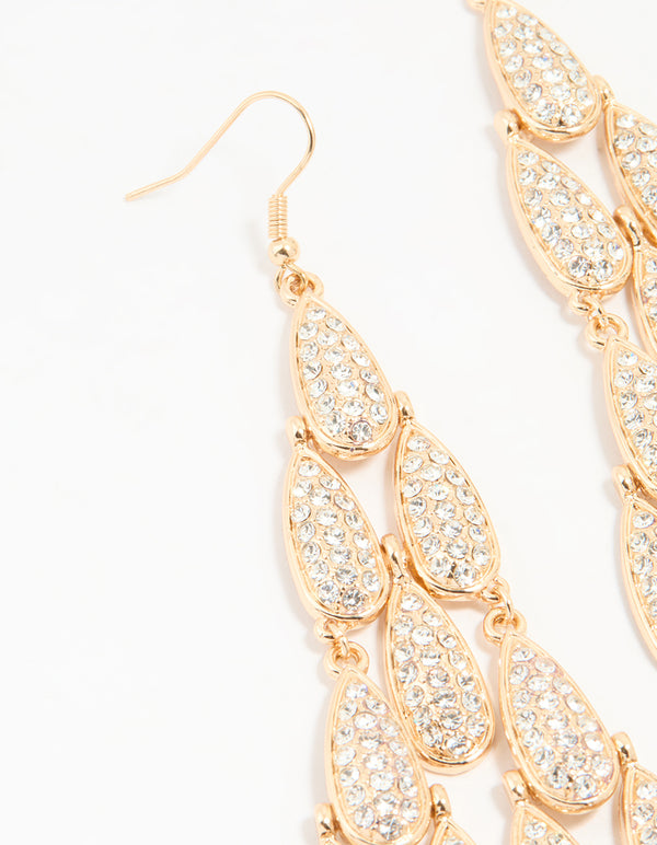 Gold Diamante Oval Large Drop Earrings
