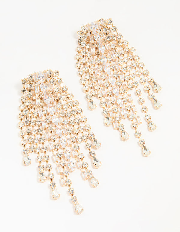 Gold Diamante Drop Long Earrings