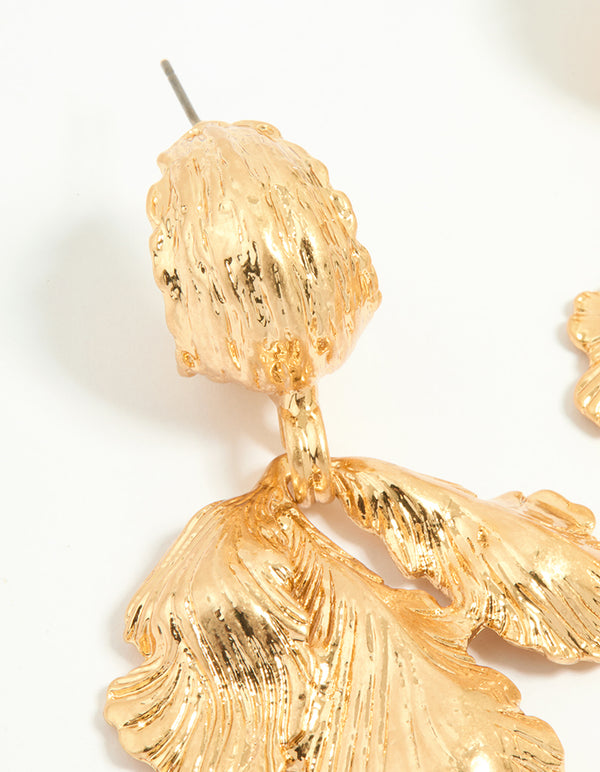 Worn Gold Floral Leaf Drop Earrings