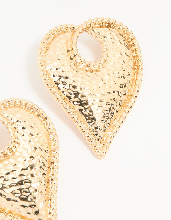 Gold Textured Heart Large Stud Earrings