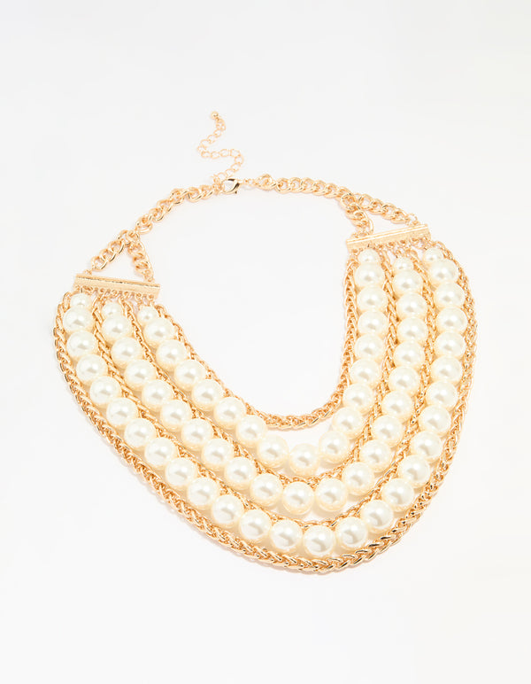 Gold Pearl Chain Layered Statement Necklace