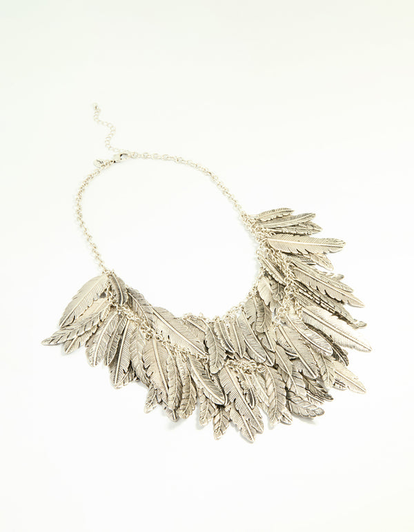 Worn Silver Feather Charm Layered Necklace