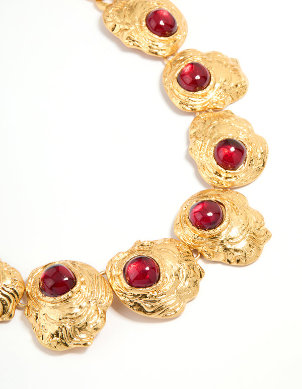 Worn Gold Red Stone Textured Necklace