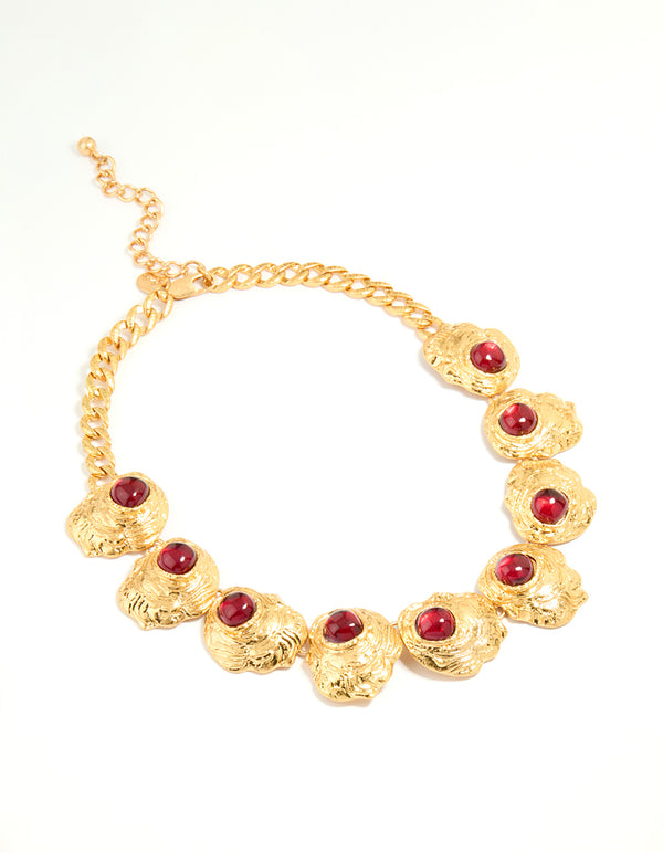 Worn Gold Red Stone Textured Necklace