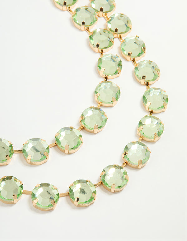 Gold Pale Green Diamante Statement Necklace