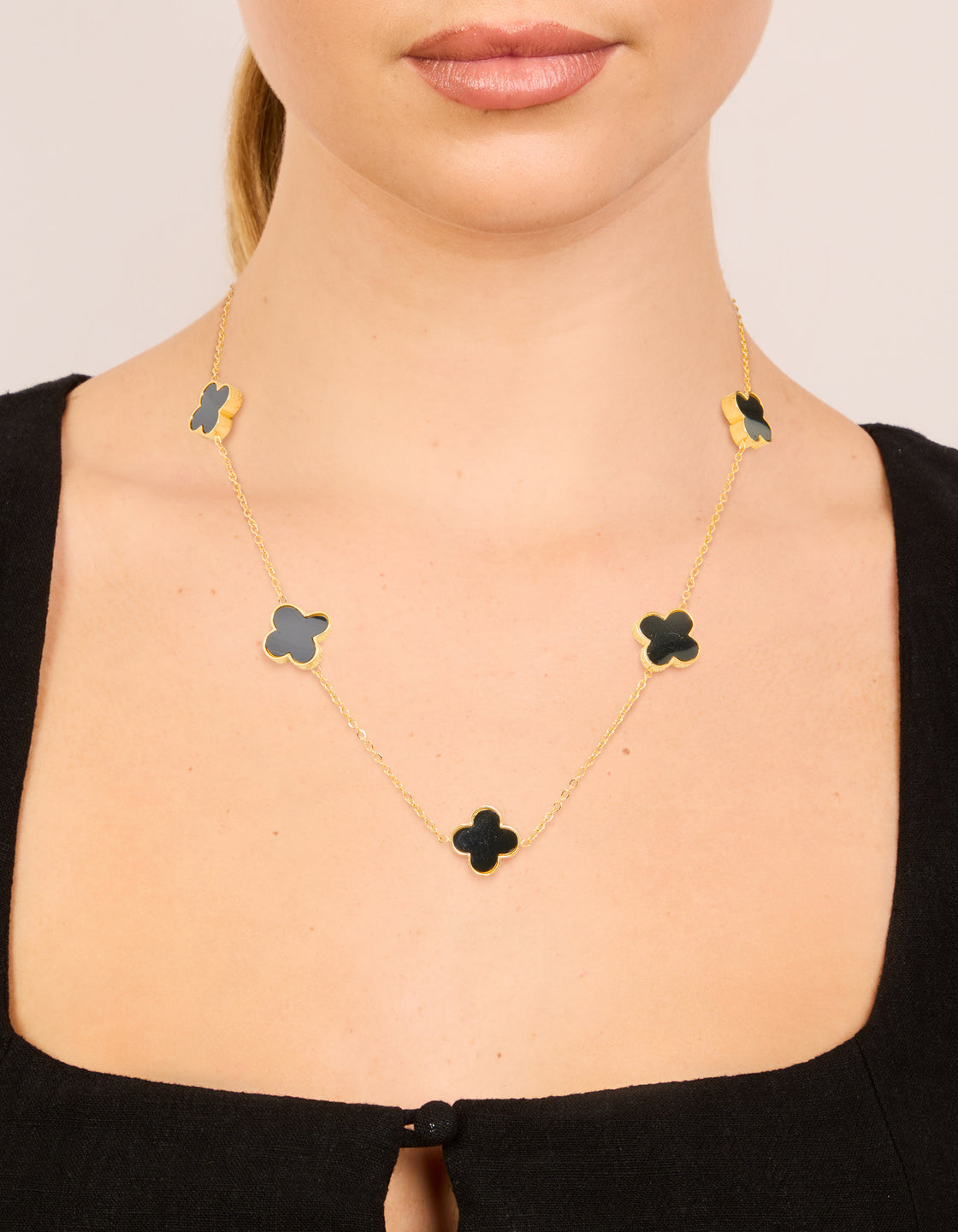 Gold Plated Stainless Steel Black Inlay Flowers Necklace