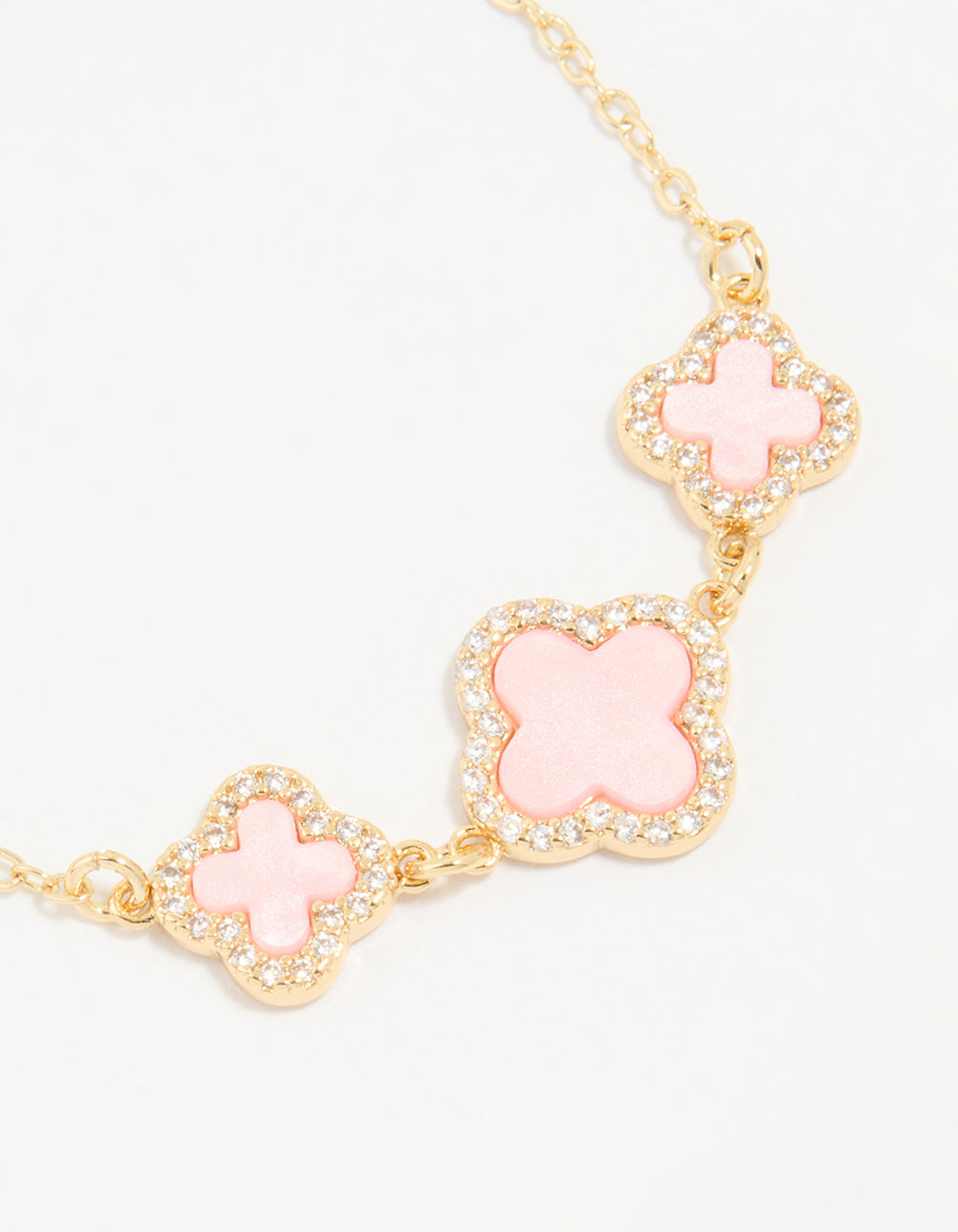Gold Plated Cubic Zirconia Pink Triple Flower Outline Toggle Bracelet