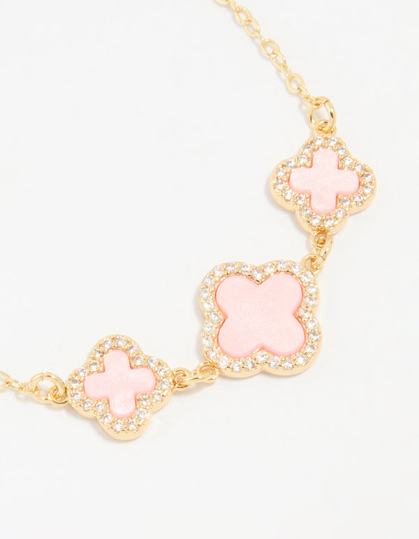Gold Plated Cubic Zirconia Pink Triple Flower Outline Toggle Bracelet