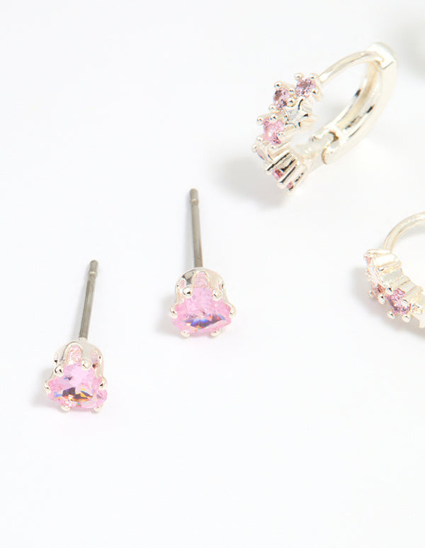 Silver Plated Brass Pink Cubic Zirconia Pave & Butterfly Stud Earrings 4-Pack