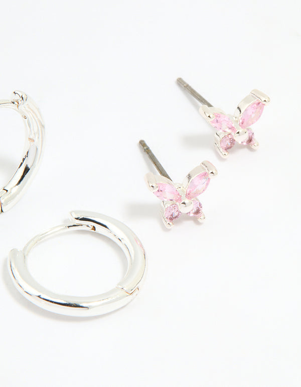 Silver Plated Brass Pink Cubic Zirconia Pave & Butterfly Stud Earrings 4-Pack