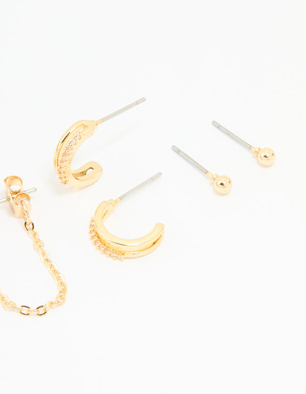 Gold Plated Brass Cubic Zirconia Heart & Chunky Huggie Earrings 4-Pack