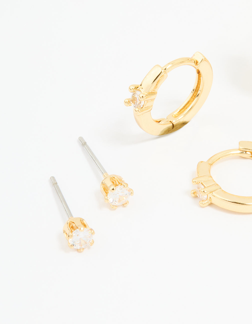Gold Plated Brass Cubic Zirconia Huggie & Stud Earrings 4-Pack