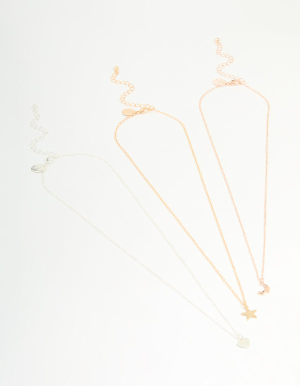 Mixed Metal Star, Moon & Heart Necklaces 3-Pack
