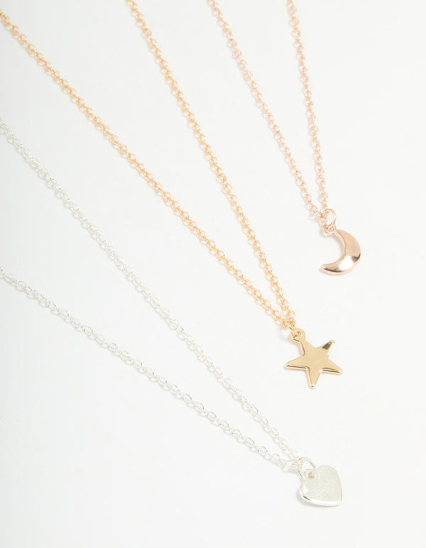 Mixed Metal Star, Moon & Heart Necklaces 3-Pack