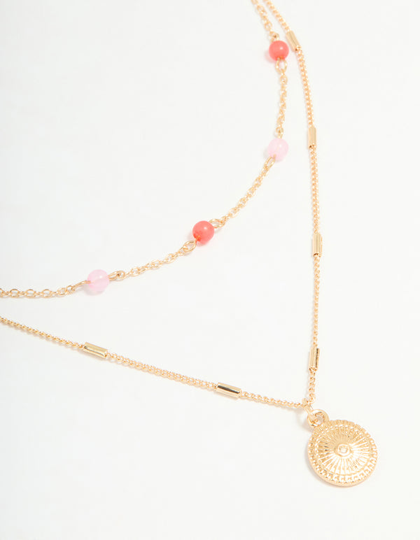 Gold Red & Pink Beaded & Pendant Layered Necklace