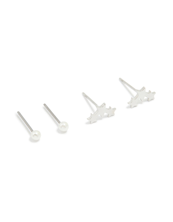 Waterproof Stainless Steel Cubic Zirconia & Pearl Celestial Stud Earrings 4-Pack