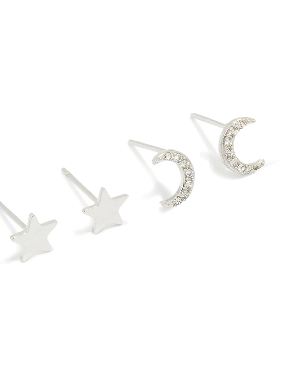 Waterproof Stainless Steel Cubic Zirconia & Pearl Celestial Stud Earrings 4-Pack