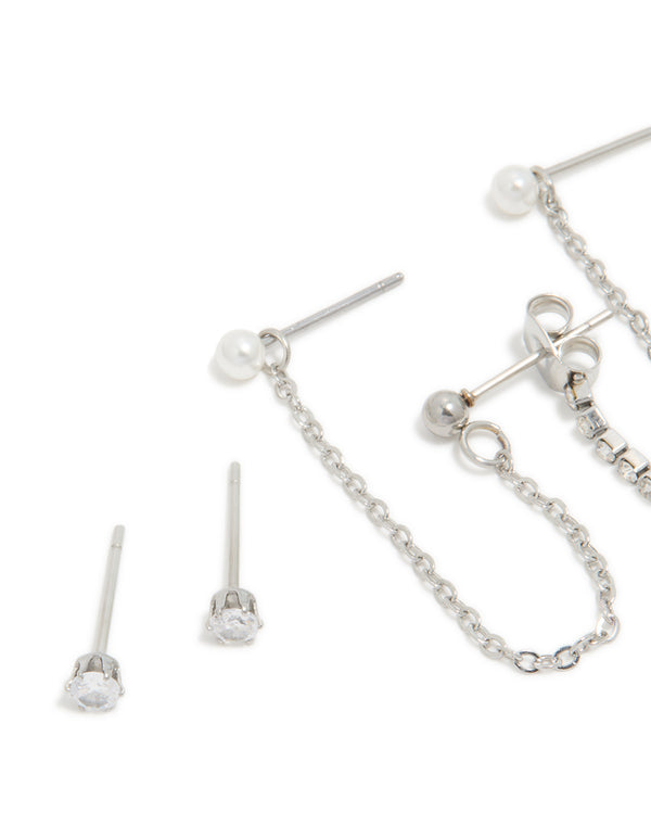 Waterproof Stainless Steel Cubic Zirconia Bow Chain Earrings 3-Pack