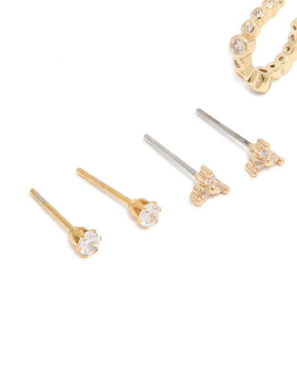 Waterproof Gold Plated Stainless Steel Diamante Stud Earrings 4-Pack