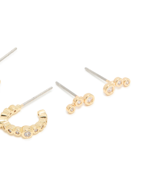 Waterproof Gold Plated Stainless Steel Diamante Stud Earrings 4-Pack