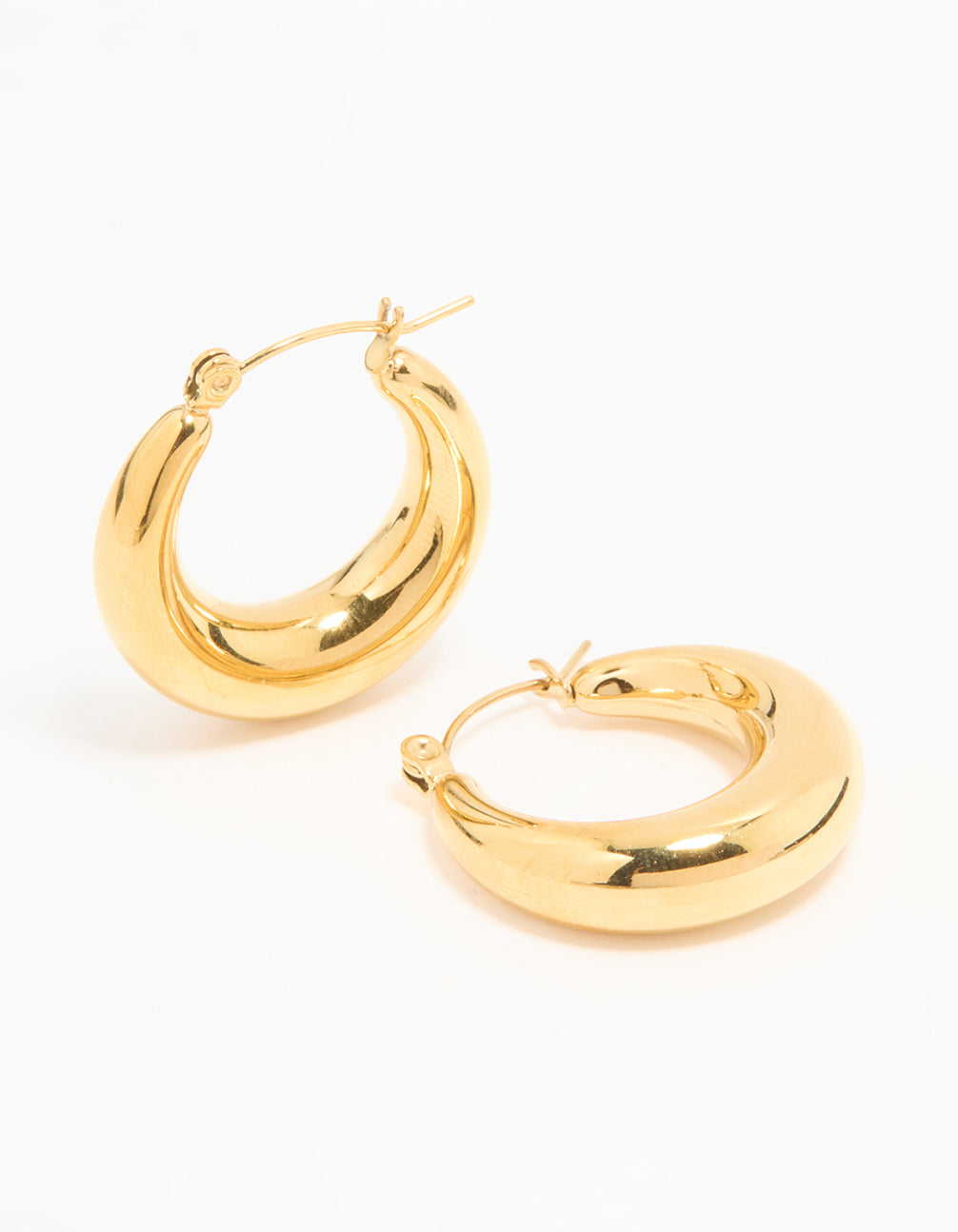 Showcasing waterproof small chunky hoop earrings in gold plated stainless steel front view