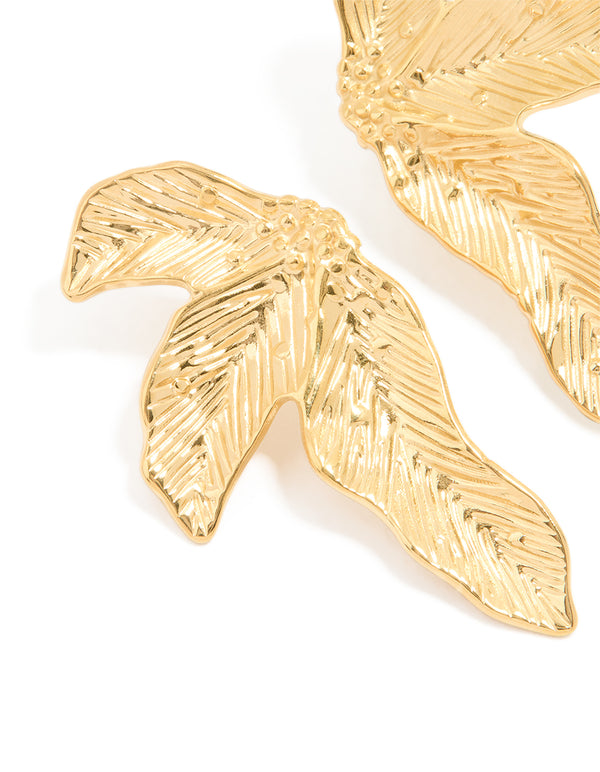 WWaterproof Gold Plated Stainless Steel Etched Leaf Earrings