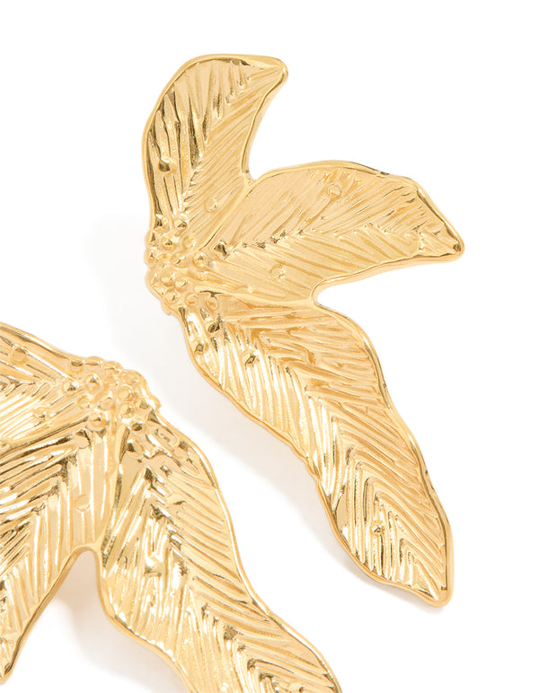 WWaterproof Gold Plated Stainless Steel Etched Leaf Earrings