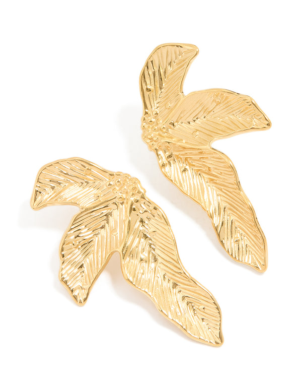 WWaterproof Gold Plated Stainless Steel Etched Leaf Earrings