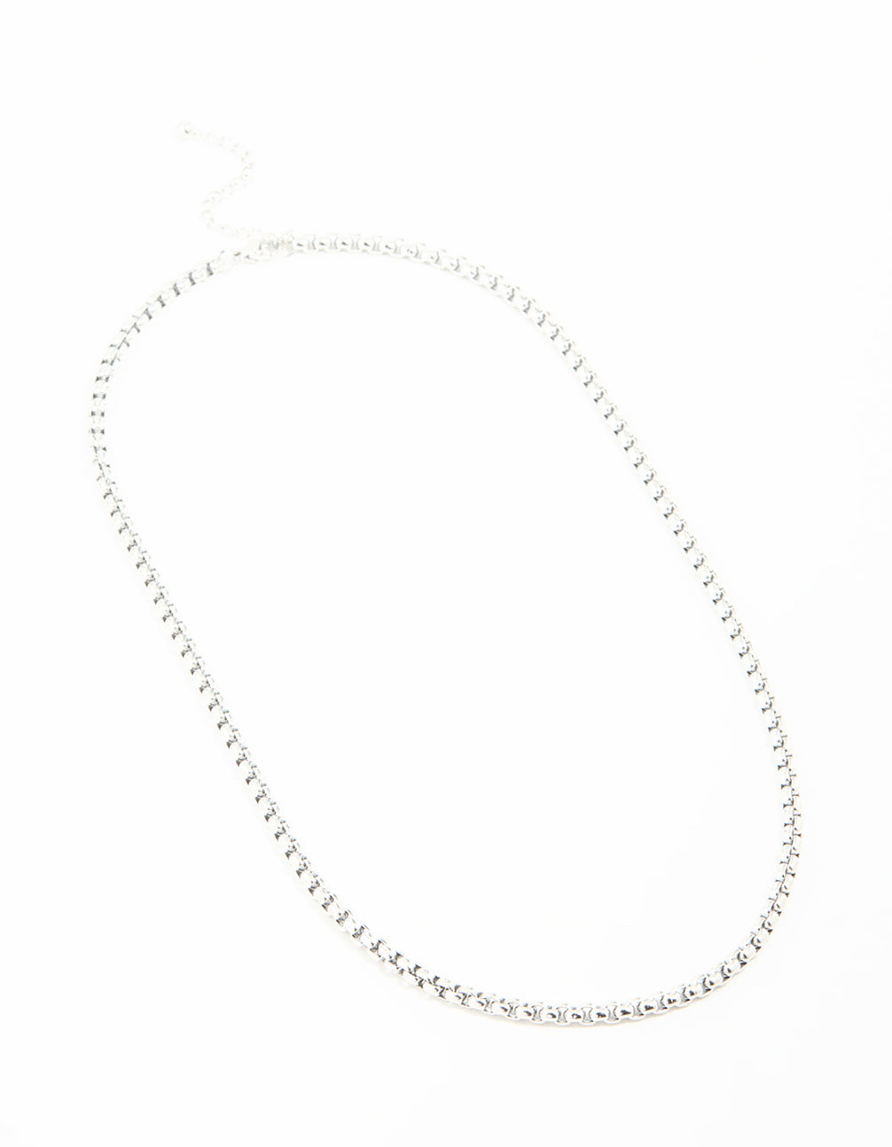 Crafted from waterproof stainless steel round box chain short necklace in silver front view
