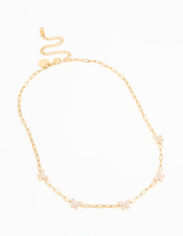 Waterproof Gold Plated Stainless Steel Cubic Zirconia Butterfly Chain Necklace