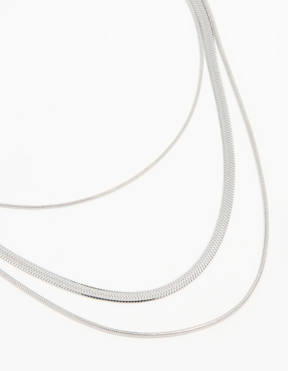 Showcasing a waterproof stainless steel triple row chain necklace in silver close up view