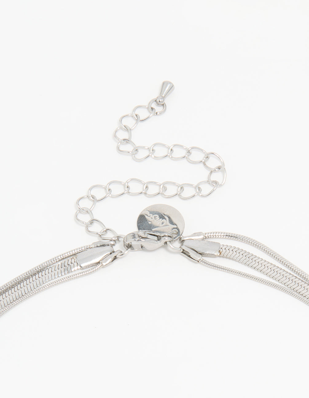 Designed with waterproof stainless steel triple row chain necklace in silver clasp detail view