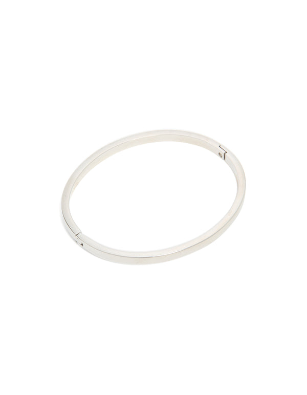 Showcasing a waterproof stainless steel smooth hinge bangle in silver with statement styling front view
