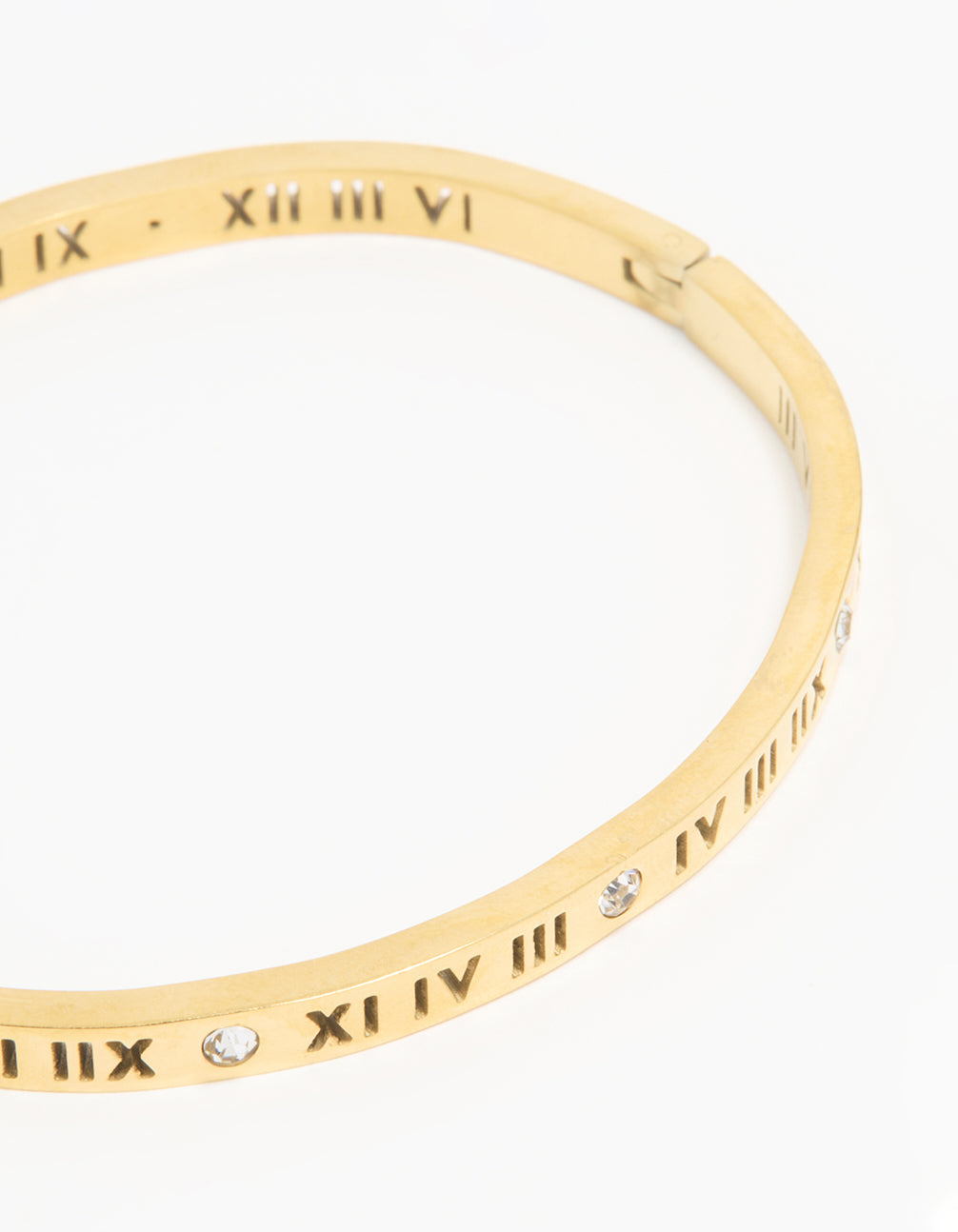 Featuring waterproof gold plated stainless steel diamante Roman numeral hinge bangle close up view