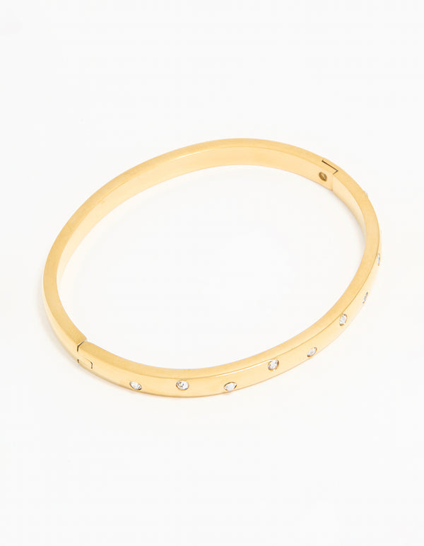 Waterproof Gold Plated Stainless Steel Diamante Smooth Hinged Bracelet