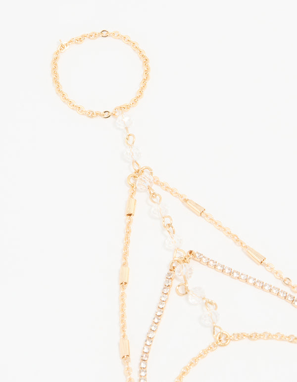 Gold Clear Bead & Diamante Layered Hand Chain