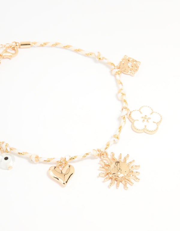 Gold White Rope Sun Charm & Chain Anklets 2-Pack