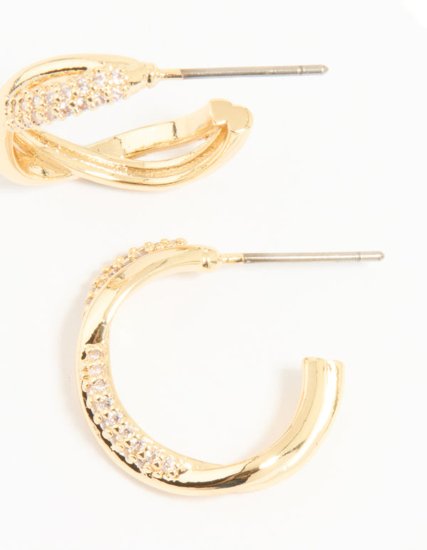 Crafted with gold plated cubic zirconia in a statement twisted hoop design post detail view