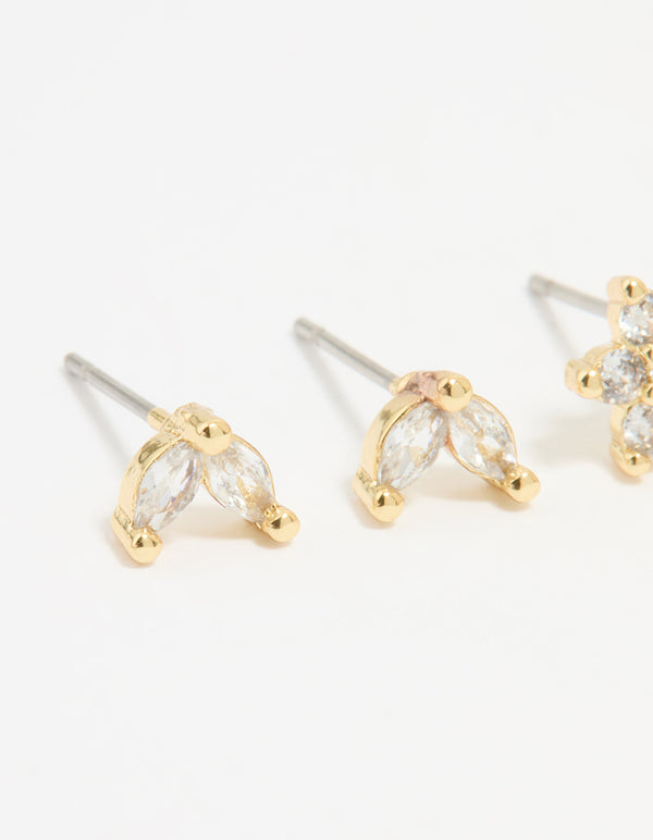 Featuring gold plated cubic zirconia flower and leaf stud earrings in a 2-pack close up view
