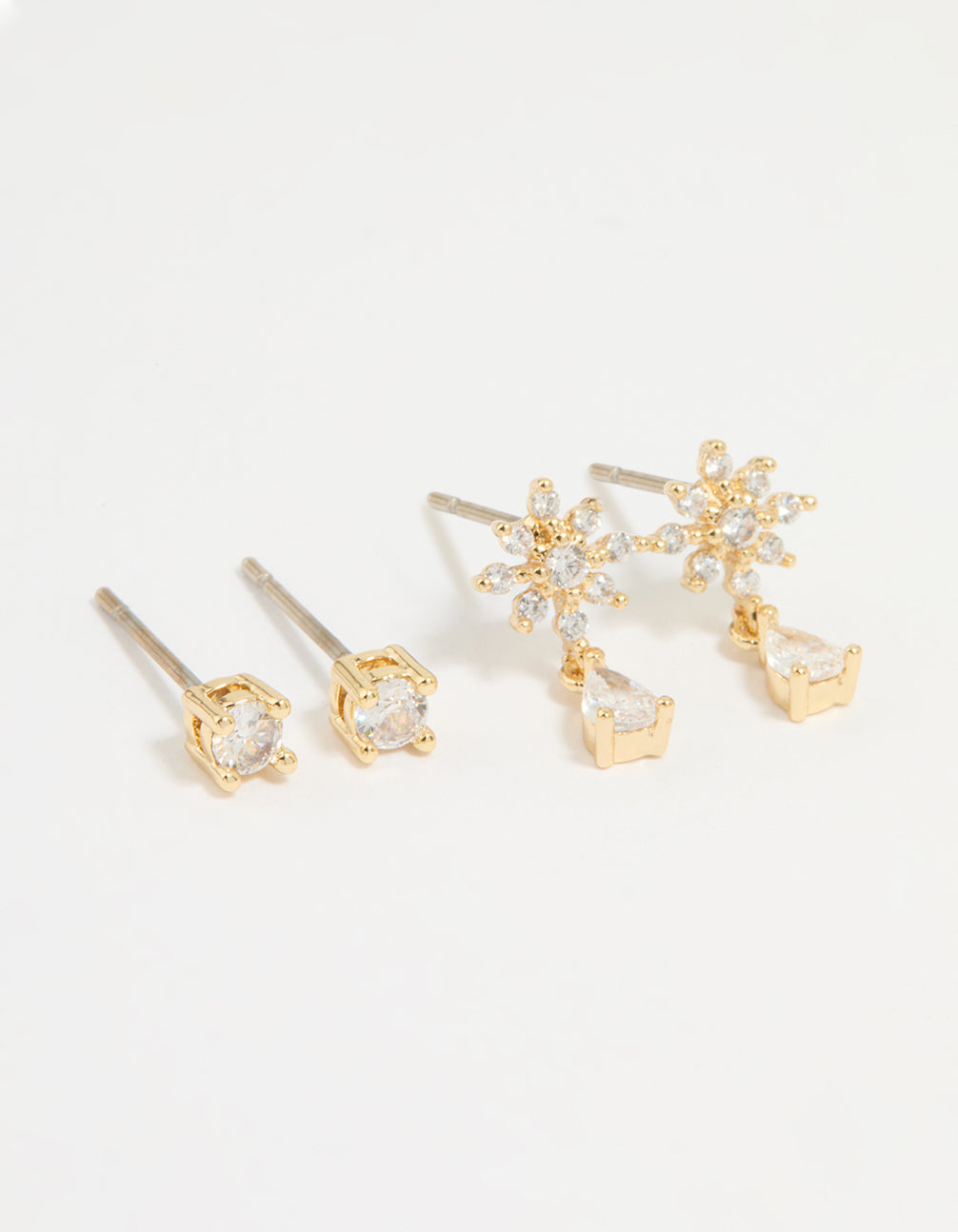 Gold Plated Cubic Zirconia Classic & Flower Teardrop Earrings 2-Pack