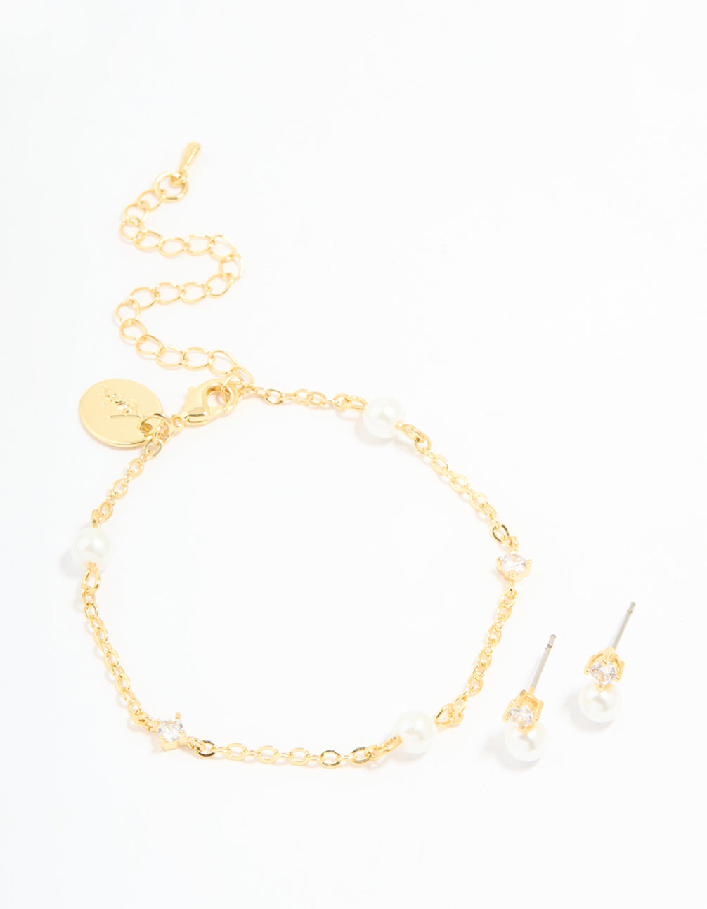 Gold Plated Cubic Zirconia Pearl Bracelet & Earrings Set