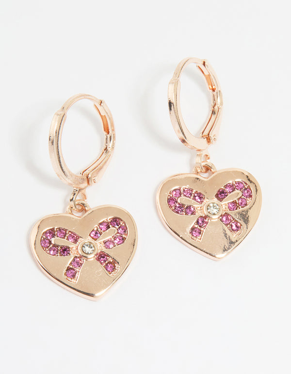 Rose Gold Heart Diamante Bow Huggie Earrings