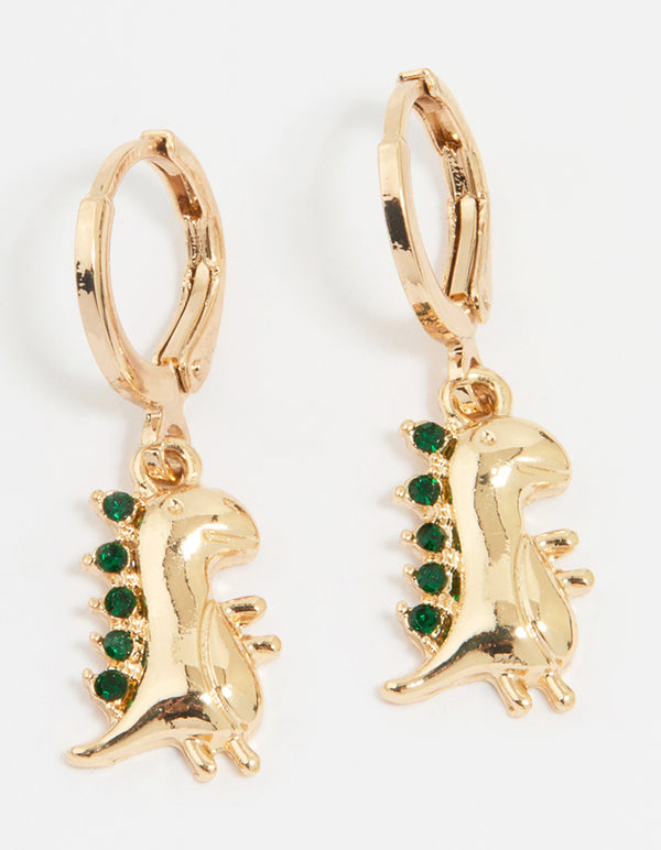 Gold Diamante Dinosaur Huggie Earrings