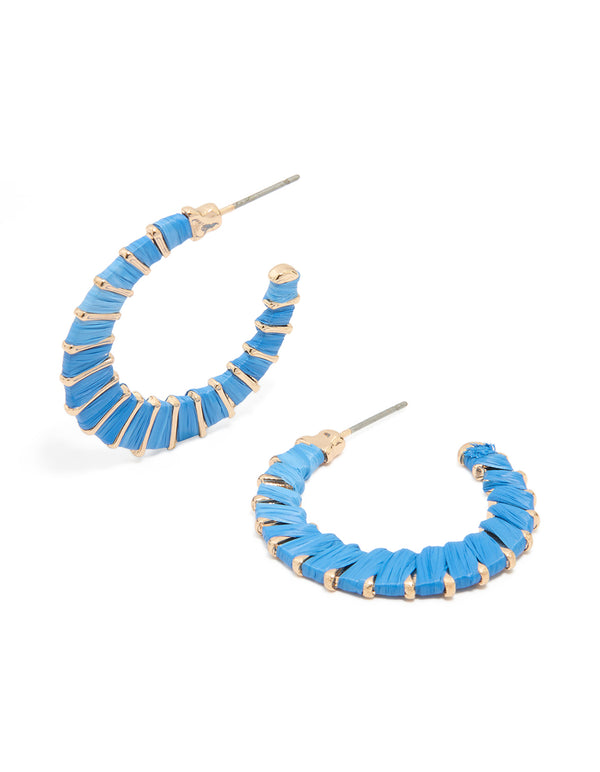 Gold Blue Paper Wrapped Hoop Earrings